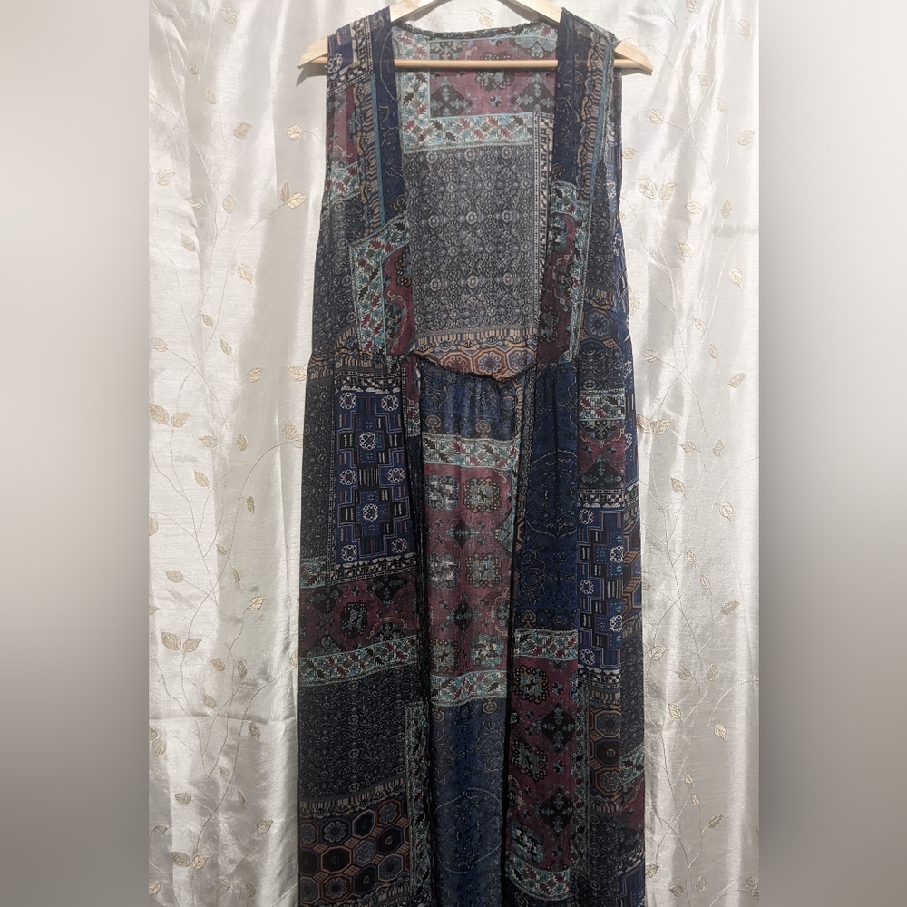 Boho Chic Multi Pattern Long Sleeveless Duster Sz… - image 2